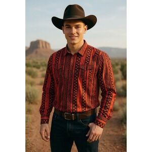 Patron Cito Southwestern Red & Black Long Sleeve Aztec Western Snap Shirt 3xl‎